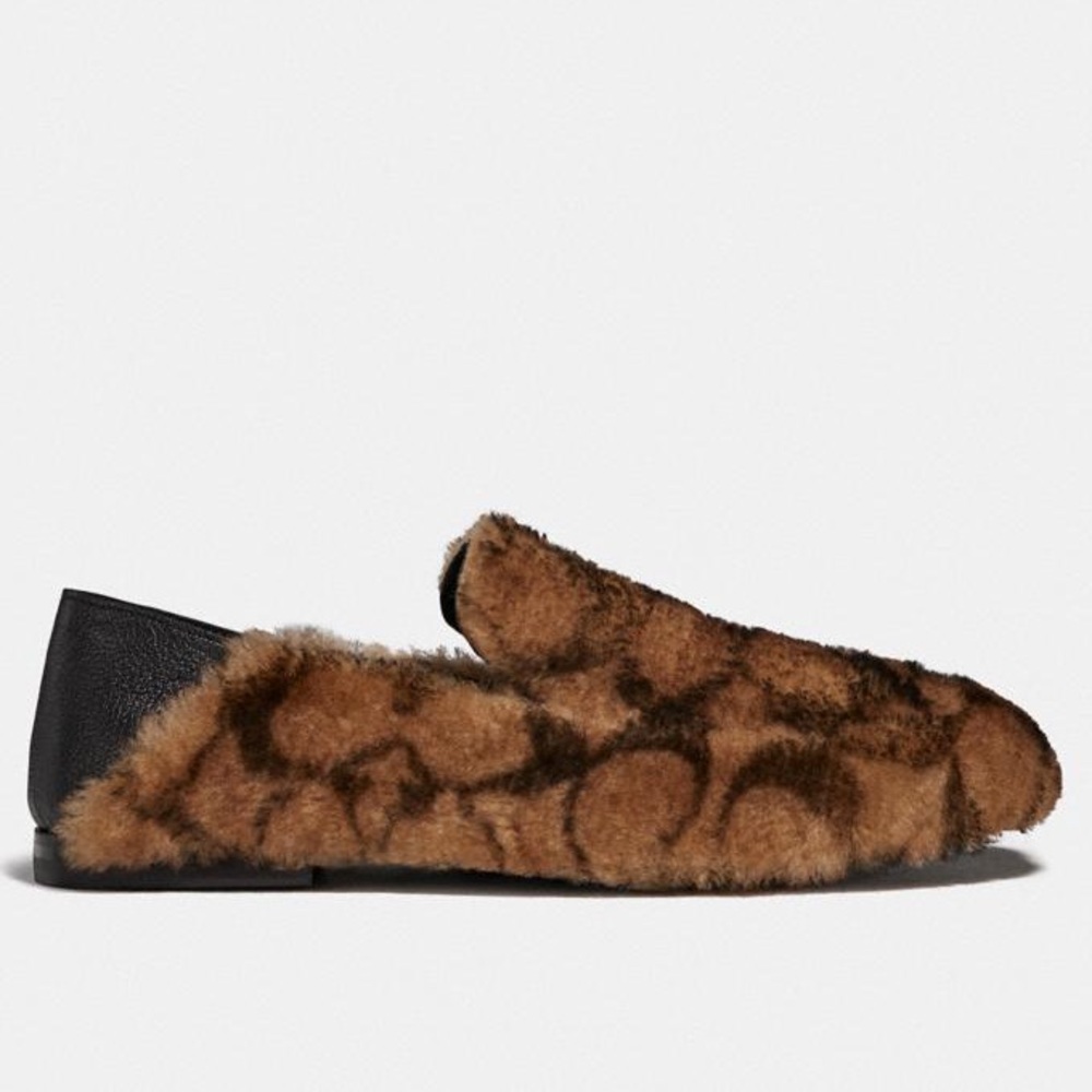 Coach camel fuzzy leather fold-down slippers